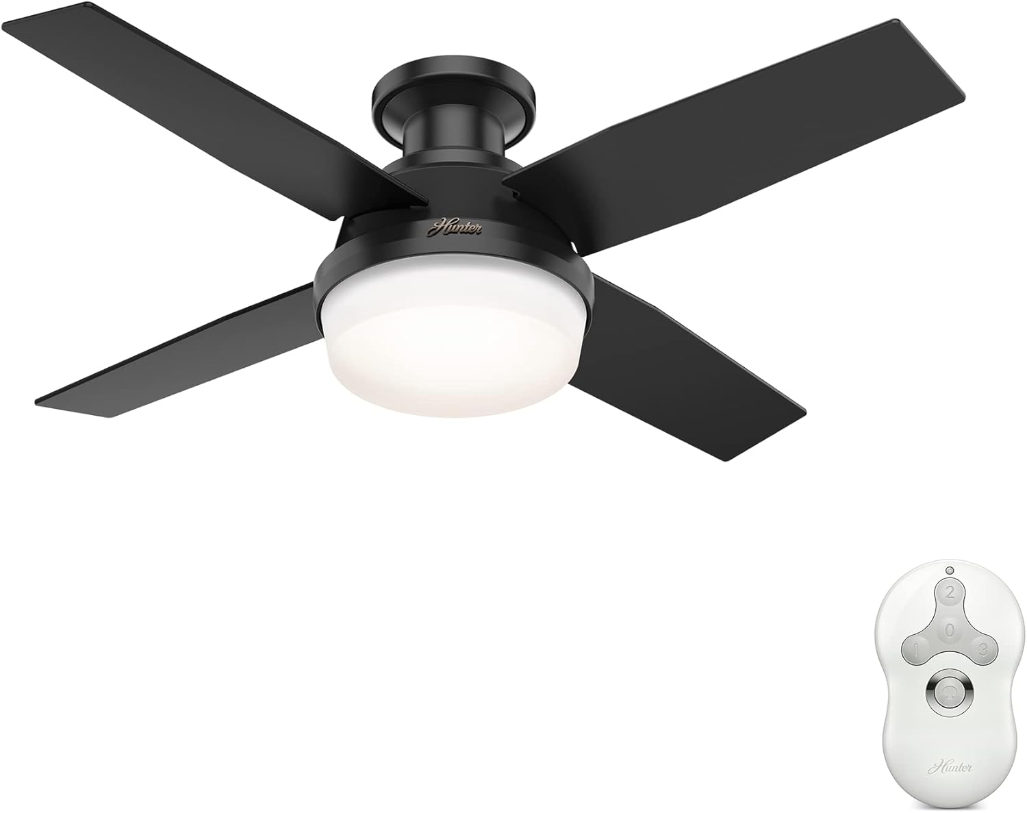 Hunter Fan 44 inch Low Profile Matte Black Indoor/Outdoor Ceiling Fan with Light Kit and Remote Control for Bedroom, Living Room, Dining Room, Kitchen, Office (Renewed)