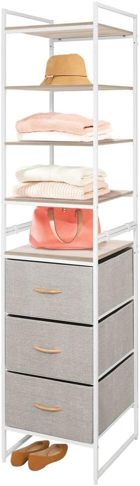 mDesign Storage Dresser and Narrow Shelf Furniture Unit - Tall Standing Organizer Tower for Bedroom, Office, Living Room, and Closet - 3 Drawer Removable Fabric Bins, 5 Shelves - Linen/Tan/Natural