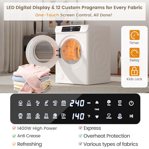 Image of VCJ 3.6 cu.ft Portable Dryer, 1400W Electric Clothes Dryer with 12 Drying Modes & LED Control Panel, Front Load Compact Dryer for Home, Apartment, Dorms