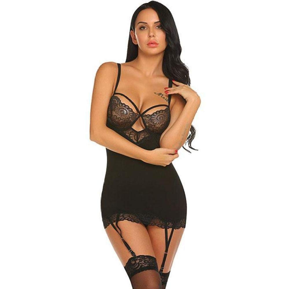 Nuisettes Sexy Femme Femmes Sexy Lingerie Stocking Plus La Taille V - Cou Dentelle Érotique Ligerie Robe Légère G - String Femmes Sexy sous-Vêtements Vêtements De Nuit - Black_S