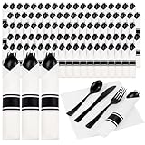 Supernal 120 Pack Black Plastic Silverware,Rolled Silverware Disposable,Pre Wrapped Cutlery Set with Napkin,Plastic Utensils Heavy Duty, Rolled Black Cutlery