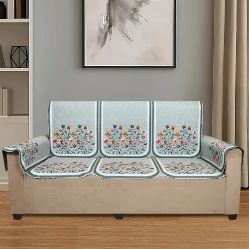 Image of Velvet 3 Seater Sofa Cover with 6 Seat and Back Covers, 2 Hand Rest Covers - Floral Design - Washable Fabric - Stylish Sofa Cover for Modern Living Room (Light Green, 3 Seater With Arm Cover)