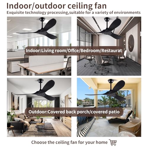 Black Modern 52 Inch Large Ceiling Fan with Remote, Industrial Outdoor Wood 3 Blade High CFM Wet Rated Ceiling Fans for Patios Porch Gazebo - Propeller Ceiling Fan for Indoor Living Room Bedroom