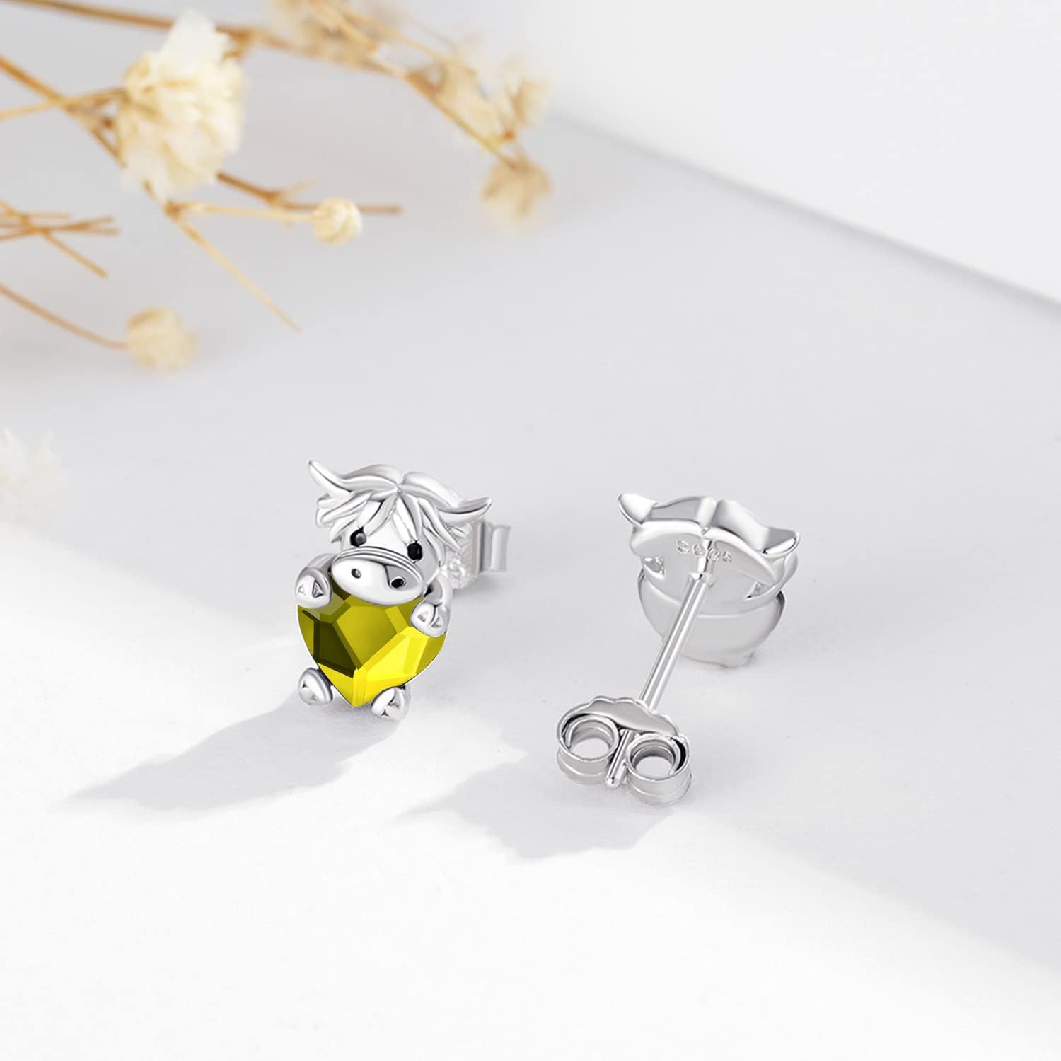 JUSTKIDSTOY Highland Cow Earrings 925 Sterling Silver Birthstone Earrings Cute Animal Cow Stud Earrings Jewelry Birthday Gifts for Women Girls Daughter Girlfriend