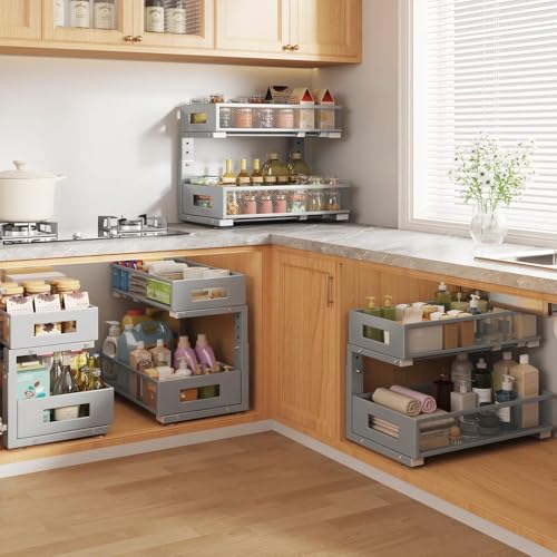 Image of 2 Packs 17IN Depth Under Sink Organizer, 2-Tier Pull Out Cabinet Organizer With Smooth Circular Rail, Large Capacity Metal Mesh Sliding Drawers For Bathroom& Kitchen Storage,Height Adjustable-Gun Gray