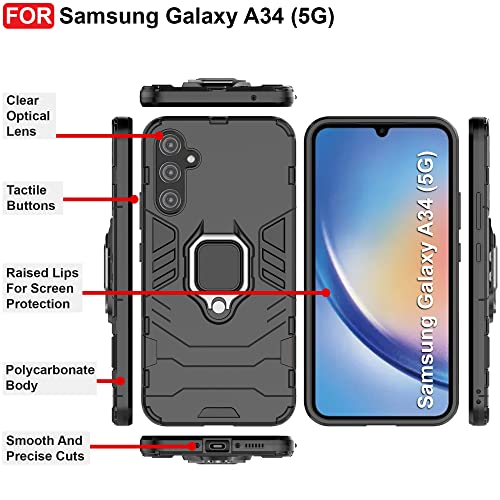 Image of CEDO Kickstand Cover for Samsung Galaxy A34 (5G) Rugged Case | Built-in Stand Rotating Ring Holder | Military Grade Armor Bumper Back Cover (Black)