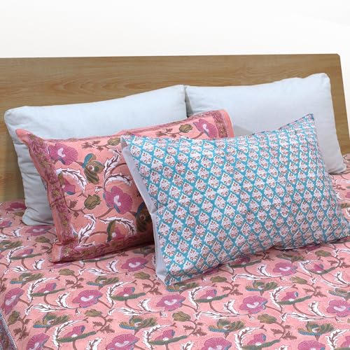 Image of TOAI Hand Block Printed Bedsheet | Bed Spread Flatsheet Bed Sheet | Pure Cotton | King Size 108 inchx108 inch | 210 TC Luxury Cotton | 2 Reversible Pillow Covers |French Poppies