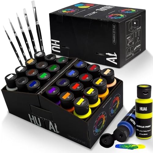 HUAL Acrylic Paint Set With 5 Brushes, 24 Colors (60ml, 2oz) for Artists Kids Beginners & Painters,Model/Canvas/Rock/Fabric/Glass/Stone/Ceramic/Wood Painting, Non Toxic
