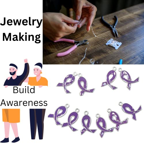 Ribbon Charms For Jewelry Making, Purple Ribbon Pancreatic Cancer Epilepsy Domestic Violence Awareness Bulk, Gift For Beader, 21Mm X15Mm, 10 Pcs #TOP7