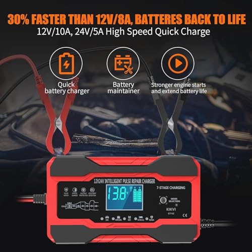 Image of 24 V 10-Amp Battery Charger, Smart Trickle Charger 12V 24V Car Battery Charger Fully Automatic Maintainer Desulfator w /Temp Compensation for Car Truck Lawn Mower Boat Marine Batteries