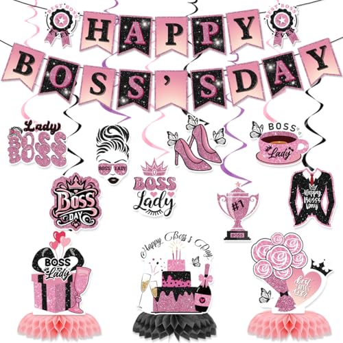 Bosses Day Decorations for Women Include Happy Bosss Day Banner Hanging Swirls Honeycomb Centerpieces Boss Lady Day Theme Party Supplies