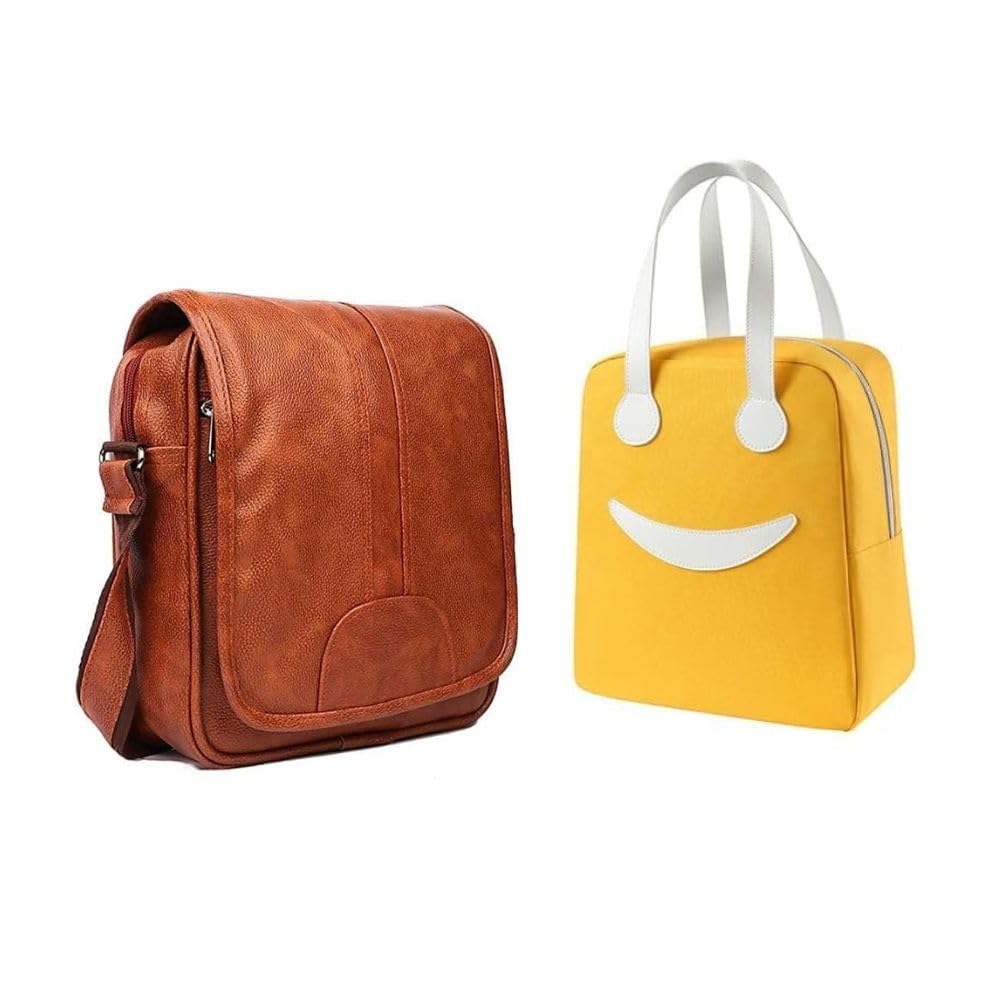 Men’s Leather Messenger Bag and Tote Combo Set – Brown Office Laptop Shoulder Bag with Yellow Smiley Face Tote Handbag, 2 Pack Business & Casual Carry Bag Set