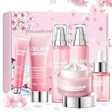 Collagen Sakura Skincare Gift Set, Cherry Blossom Skin Care Set for Teen Girls & Women, Moisturizing & Revitalizing Skin, 6Pcs Collagen Skin Care Routine Kits for Face, Korean Daily Skin Care