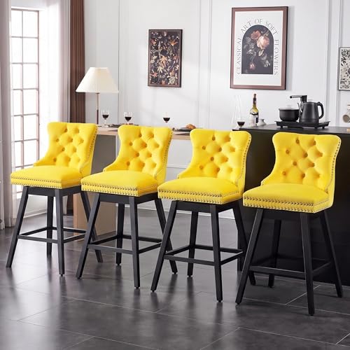 Image of Yellow Swivel Bar Stools, Velvet Counter Height Bar Stool Set of 4