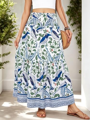YHYJMY Women Boho Tiered Maxi Skirt Toucan Bird Leaf Print Long Skirt Smocked Elastic High Waist Flowy A Line Long Skirts for Beach Holiday(YY509-white-M) - image 6