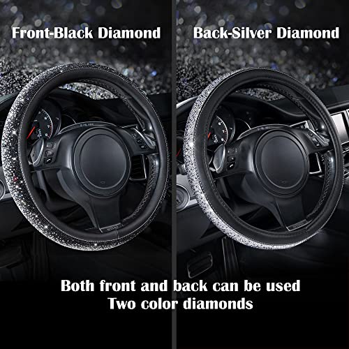 Image of CAR PASS Bling Diamond Leather Steering Wheel Cover, Bling Sparkly Crystal Glitter Rhinestones Universal Fit 14 inch 1 /2-15 inch Car Wheel Protector for Women Girl Fit Suvs,Vans,Sedans,Trucks, Black Silver