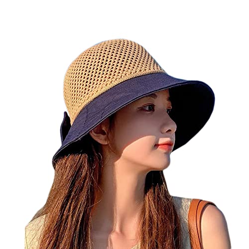 Women's UV Sun Protection Breathable Wide Brim Bowknot Sun Hat Bucket hat (Cotton Polyester, H1-Cyan)