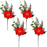 Photo Gallery kksty 4 steli di stelle di natale artificiali, 35 cm, fiori di natale con foglie di pino, bacche e pigne, per la decorazione dell albero di natale, riempitivo per vasi, decorazioni per la casa e le Photo Gallery kksty 4 steli di stelle di natale artificiali, 35 cm, fiori di natale con foglie di pino, bacche e pigne, per la decorazione dell albero di natale, riempitivo per vasi, decorazioni per la casa e le