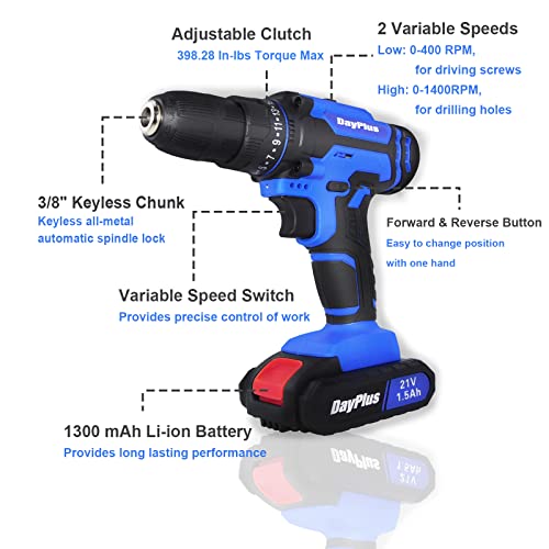 21V Akku-Bohrschrauber-Elektroschrauber-Set, leistungsstarker Lithium-Lon-Akku, 21 Volt Kombi-Schrauber, DIY 26-teiliges Zubehör-Set, 2PCS 1.3AH Akkus – Bild 4