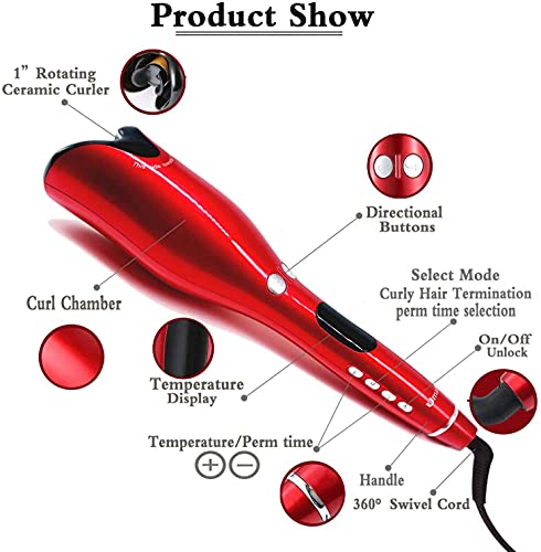 Automatic Hair Curler, Hair Rotating Curling Wand with Extended Ceramic Barrel, Auto Off, Red