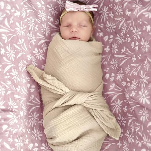Image of LifeTree Swaddle Blankets Baby Girl, 2-Pack Super Soft 70% Viscose Bamboo and 30% Cotton Muslin Swaddles Blankets (Large 47 inch x 47 inch), Mauve Floral & Blush Leopard Pattern, Newborn Baby Registry