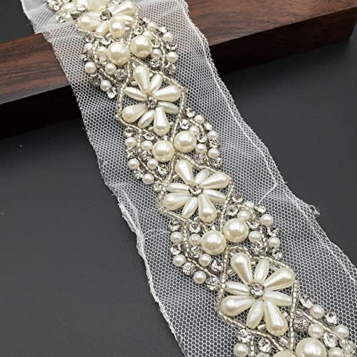 Rhinestones Crystal Applique Pearl Beaded 3D Flower Lace Trim Diy Sewing Clothes Wedding Dress Accessories Mesh Fabric #TOP2