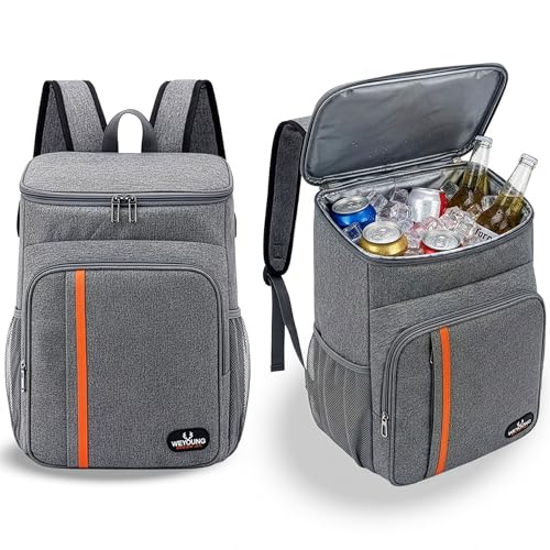 Mochila Térmica Impermeável 30L Alça Costas – Bolsa Cooler Cinza para Marmita, Bebida, Praia, Viagem, Trilhas e Gela até 12h – Design Unissex com Faixa Laranja, Bolsos Laterais, Alças Confortáveis Bag