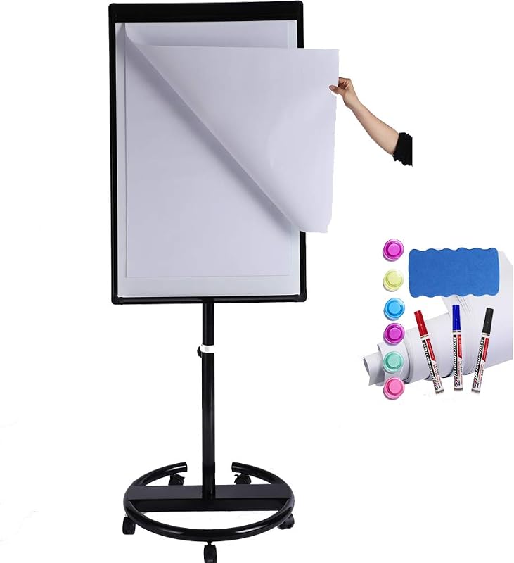 40 X 28 Inch Mobile Magnetic Whiteboard on Wheels, Rolling Dry Erase Easel | Height-adjustable Stand Board with Five Locking Wheels, Paper Pad, Markers, Magnets and Eraser for Teaching and Meetings
