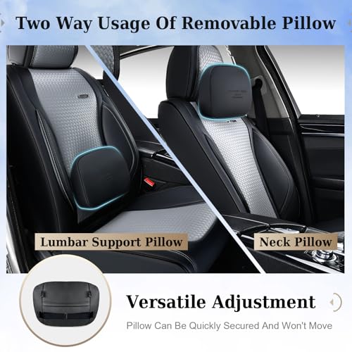 Image of Coverado Seat Covers, Car Seat Covers Front Seats, Waterproof Nappa Leather Auto Seat Cover with Lumbar Head Pillow, Black Gray Seat Covers Carseat Cover Universal Fit for Most Cars