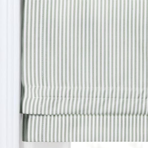 Image of TWOPAGES No Drill Cordless Farmhouse Ticking Stripe Roman Shades Roman Blinds for Windows, Custom Made Light Filtering Blackout Blinds Shades for French Door, Light Green Pinstripe, 1 Piece