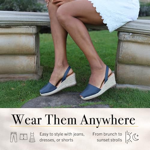 Image of Espadrilles Wedges for Women, Dressy Soft Leather Peep Toe Womens Espadrille Sandals, Comfortable Casual Summer Slip On