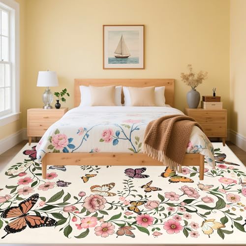 Floral Butterfly 9'x12' Area Rugs - Floral Butterfly Area Rug 9x12 for Living Room Entryway Soft Beige Washable Rugs Ultra-Thin Indoor Door Mat