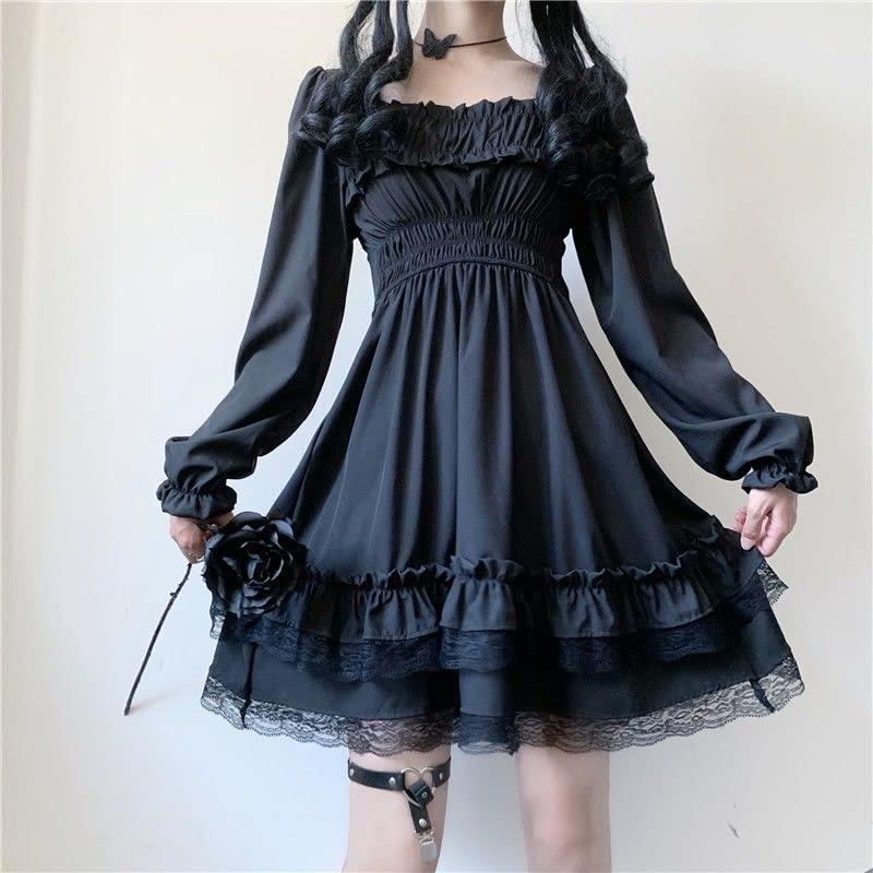 Robe Harajuku gothique à col carré en dentelle à volants - Robe Lolita noire Y2k - Robe de fête à manches longues