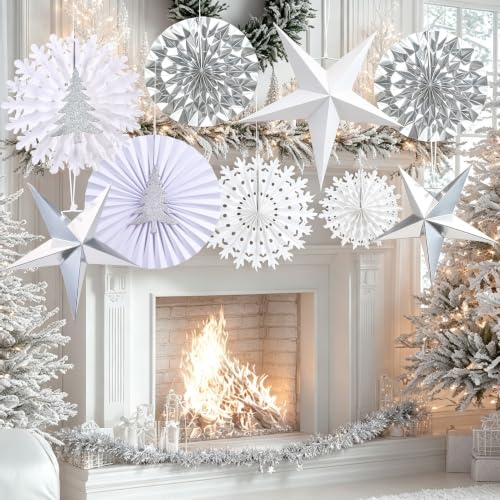 Image of Christmas Snowflake Decorations, White Paper Snowflakes Hanging Decor, Winter Wonderland Snowflake Paper Fans, Silver Paper Stars, Tinsel Garland for Xmas Wall Backdrop Frozen Birthday Party Supplies