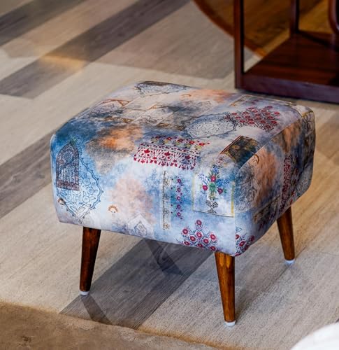 Image of The Artage Puffy Stool for Living Room Vanity Dressing Table Sitting Blue Printed Premium Foam Cushioned Pouffe Ottoman for Foot Rest Stool for Home Decor Furniture Wooden (Floral) (Soft Blue)