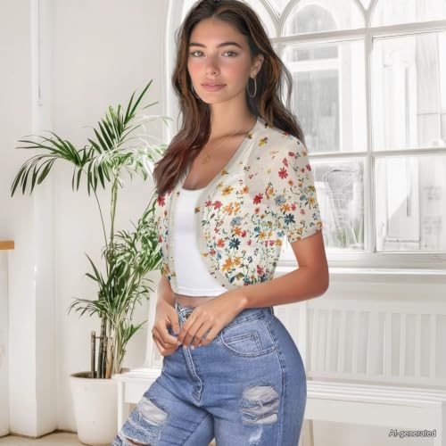 Image of Womens Short Sleeve Cardigans Lightweight Summer Cardigan Trendy Bolero Shrug Cute Floral Cardigan Sheer Bolero