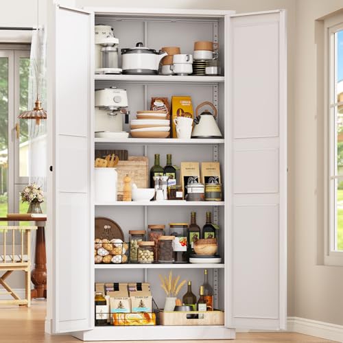 Rumetol 71'Kitchen Pantry Cabinet,White Metal Pantry Cabinet with 2 Doors & 4 Adjustable...