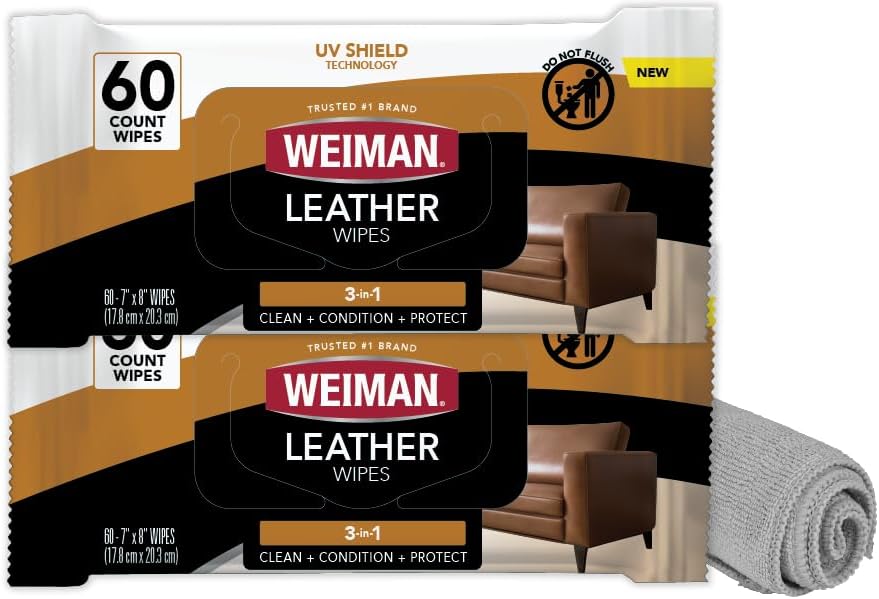 Weiman Leather Cleaner and Conditioner Wipes & Microfiber Towel Kit, Clean, Condition and Restores Leather Surfaces, UV Shield Prevent Cracking & Fading of Leather Furniture, Car Seats, Shoes & Purse