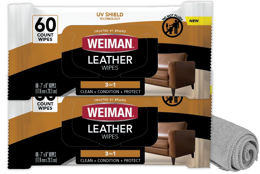 Weiman Leather Cleaner and Conditioner Wipes & Microfiber Towel Kit, Clean, Condition and Restores Leather Surfaces, UV Shield Prevent Cracking & Fading of Leather Furniture, Car Seats, Shoes & Purse - image 1