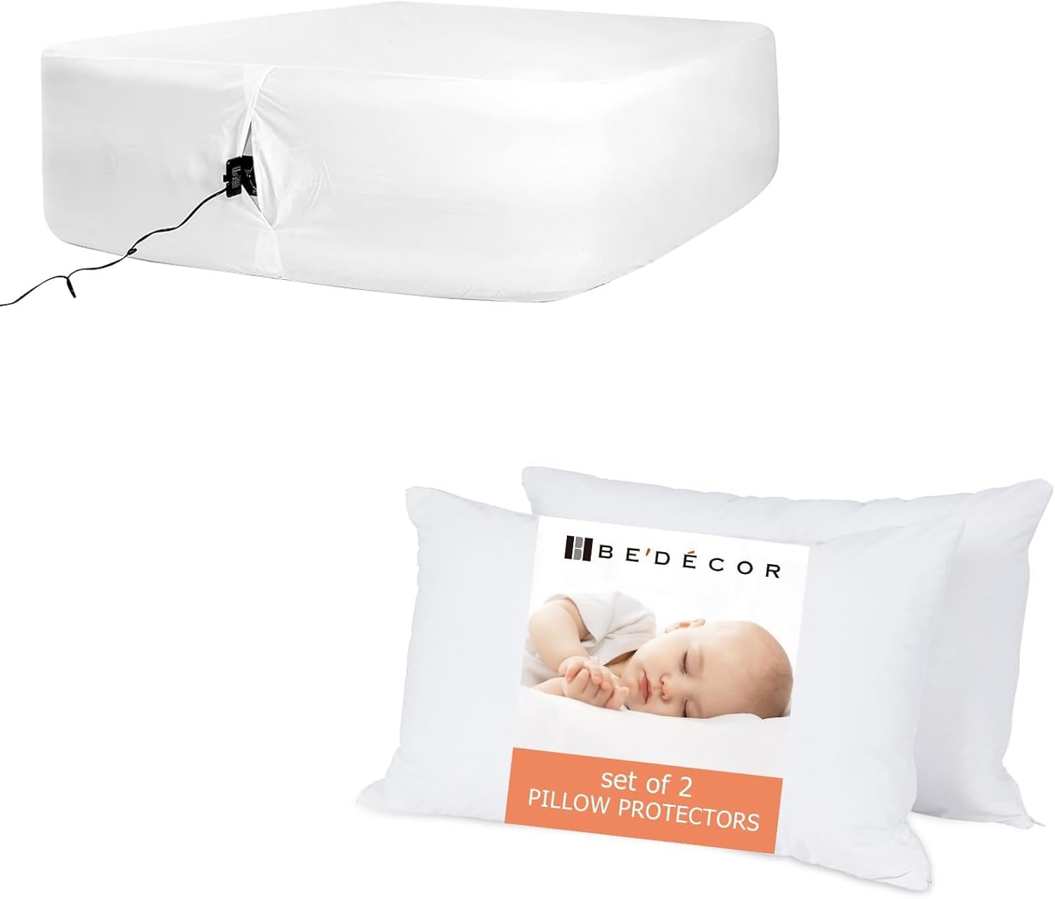 Bedecor Air Bed Sheets for Blowup Mattress Full/Standard Zippered Pillow Protector Set of 2, Fitted Mattress Cover Bed Deep 21" White, Waterproof Pillow Covers Encasement Breathable Holes