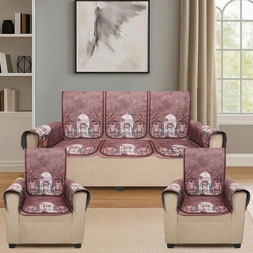 Image of Velvet 3 Seater Sofa Cover with 6 Seat and Back Covers, 2 Hand Rest Covers - Elephant dome Design - Washable Fabric - Stylish Sofa Cover for Modern Living Room (Maroon, 3 Seater With Arm Covers)