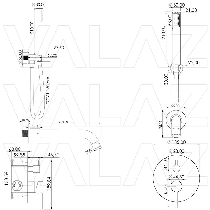 VALAZ Rubinetto per Vasca e Doccia Nero Opaco | Miscelatore Acqua Calda e Fredda, Risparmio Idrico | Installazione Facile e Veloce | Rubinetto per Doccia Acciaio Inox, Rotondo, Serie Jucar