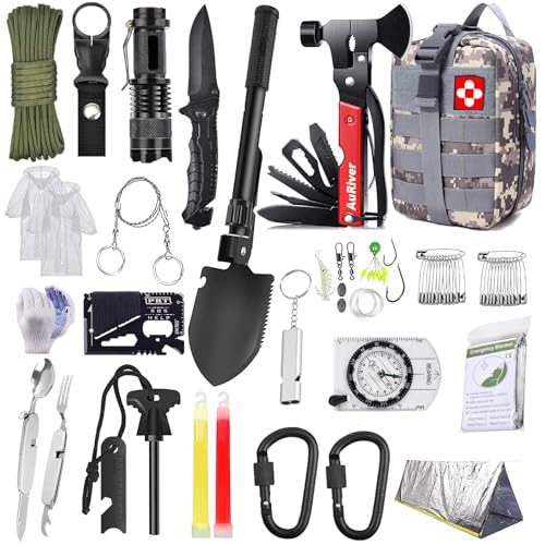AuRiver Survival Kit 163 in 1, Notfall Survival Ausrüstung mit Kompass Jagdmesser Multitool Hammer Axt Taschenlampe und Weiterem Zubehör, Geschenke für Männer Camping Wandern Abenteuer (Bunte)