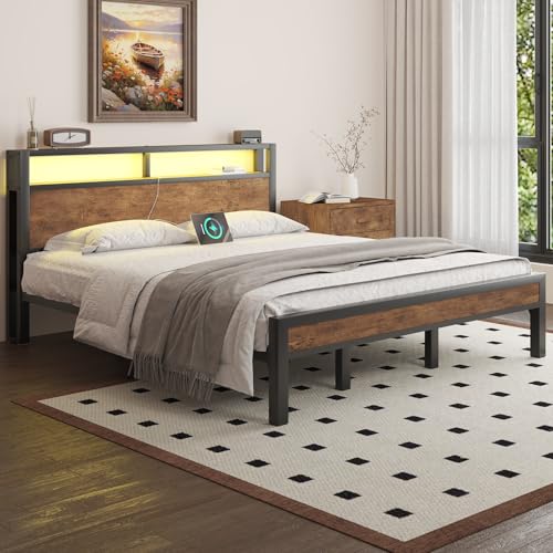 Image of LOEWAY King Size Platform Bed with 2-Tier Storage Headboard, Metal Bed Frame with Charging Station & LED Light, Heavy Duty Metal Slats, No Box Spring Need, Noise Free, Rustic Brown