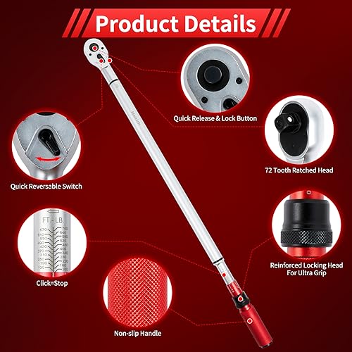 Image of Hairich 3 /4-Inch Drive Click Torque Wrench, Dual-Direction Adjustable 48 tooth 100-700ft.lb /136-949Nm, Professional Inch Pound Torque Wrench, for Maintenance Tool and Product Assembly