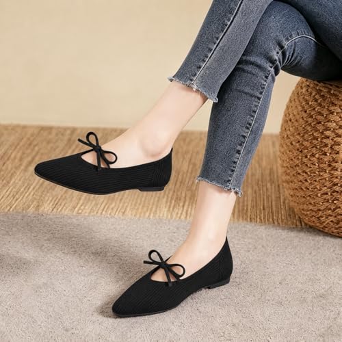 Image of TINGRISE Women's Pointed Toe Flats Comfortable Knit Ballet Shoes Washable Dressy with Bow Business Casual Work Shoes