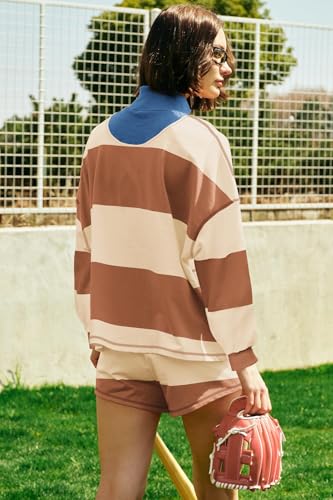 ReachMe Womens Striped Workout Sets 2 Piece Fall Outfits Matching Lounge Sets Long Sleeve Tops and Shorts with Pockets4