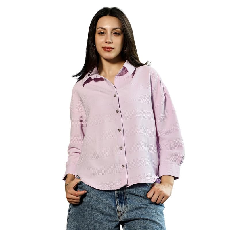 Campus Sutra Women's Oversized Shirt | Spread Collar, Long Button-Cuff Sleeves, Button Closure | Stripes Textured Woven Shirt for Casual Lavender in lavender