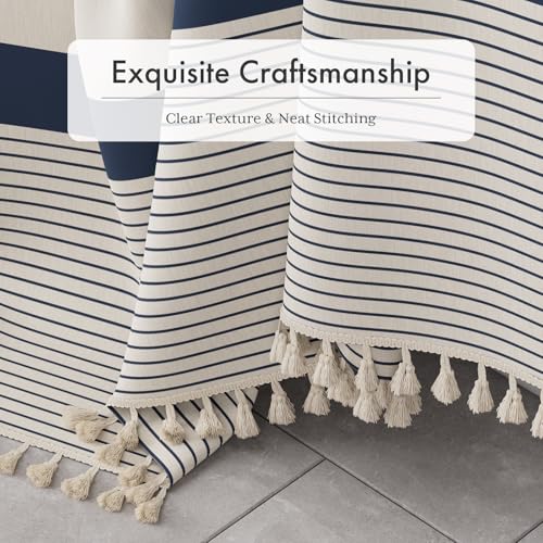 Image of AmazerBath Boho Shower Curtain, Modern Farmhouse Shower Curtain Set with Tassels, Rustic Faux Linen Navy Blue Striped Shower Curtain with Hooks, Light Tan Toned, 72x72 Inches