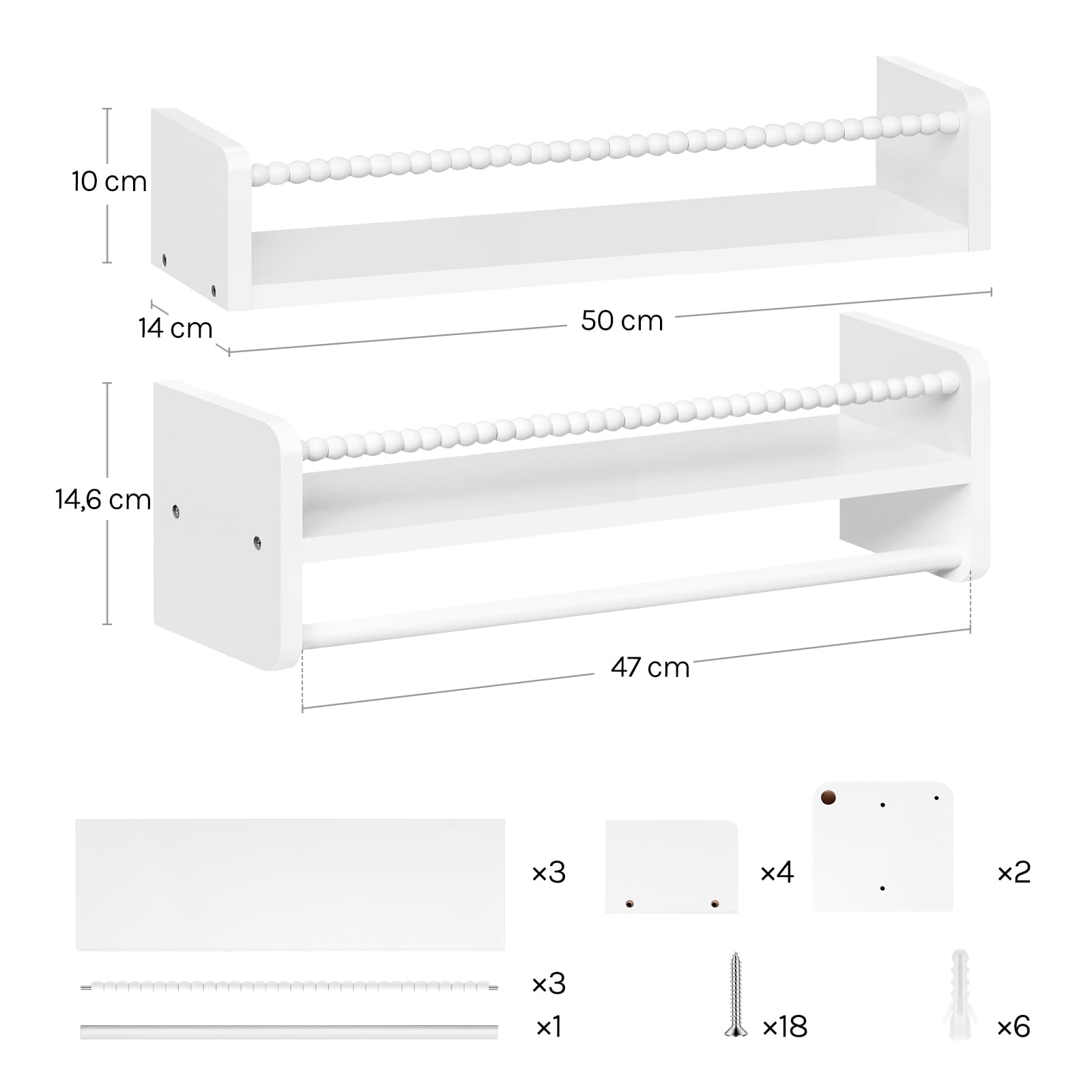 WOLTU 3er Set Kinder Bücherregal Wand, 50cm Wandregal Kinderzimmer, aus Massivholz, Hängeregal Schweberegal Kinderregal, Montessori Regal, für Bücher Spielzeug, Weiß